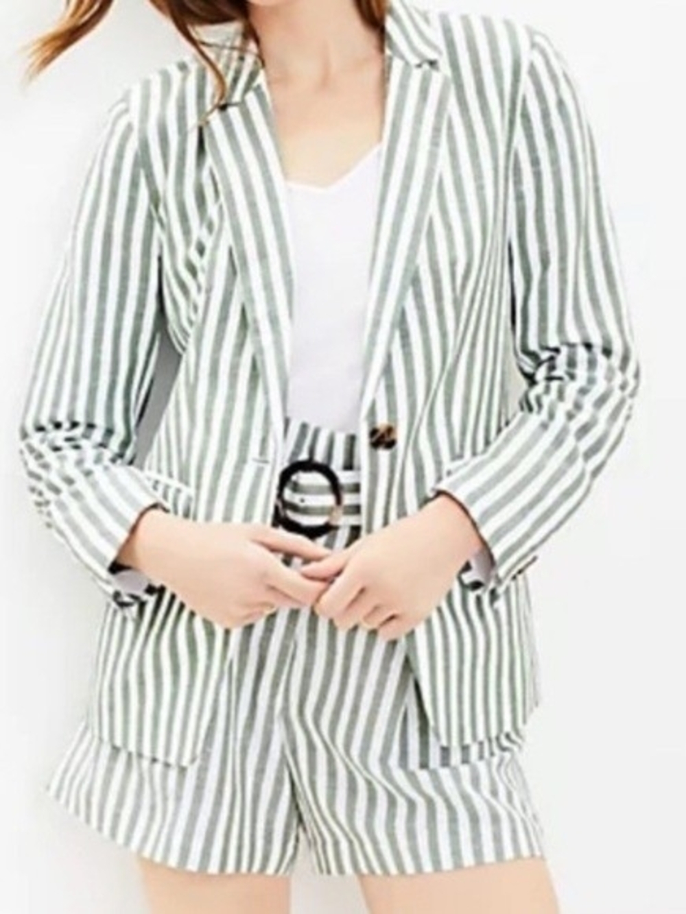 Striped Green & White Women's Blazer Jacket And Shortd Classic Tailored Fit